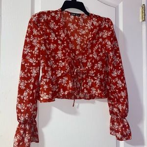 Red and floral front tie top